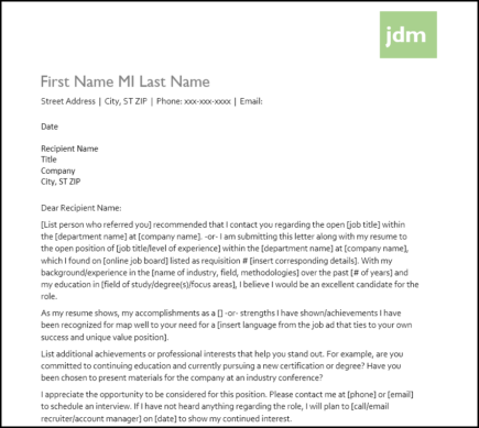 Cover Letter Template Free Download – Initials in Colored Box