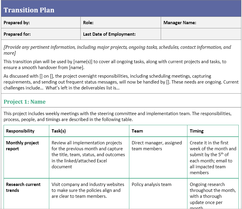 Transition Plan Template For When You Ve Resigned Careermanager Blog
