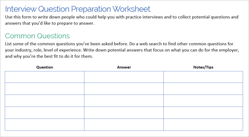 Job Interview Preparation Worksheet - Practice and Track Your Job Interview  Progress - CareerManager Blog